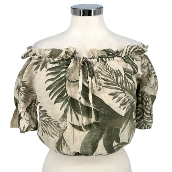 Milio Milano Linen Off-Shoulder Crop Blouse Tropical Green Cream Size Small NWT - Picture 1 of 9